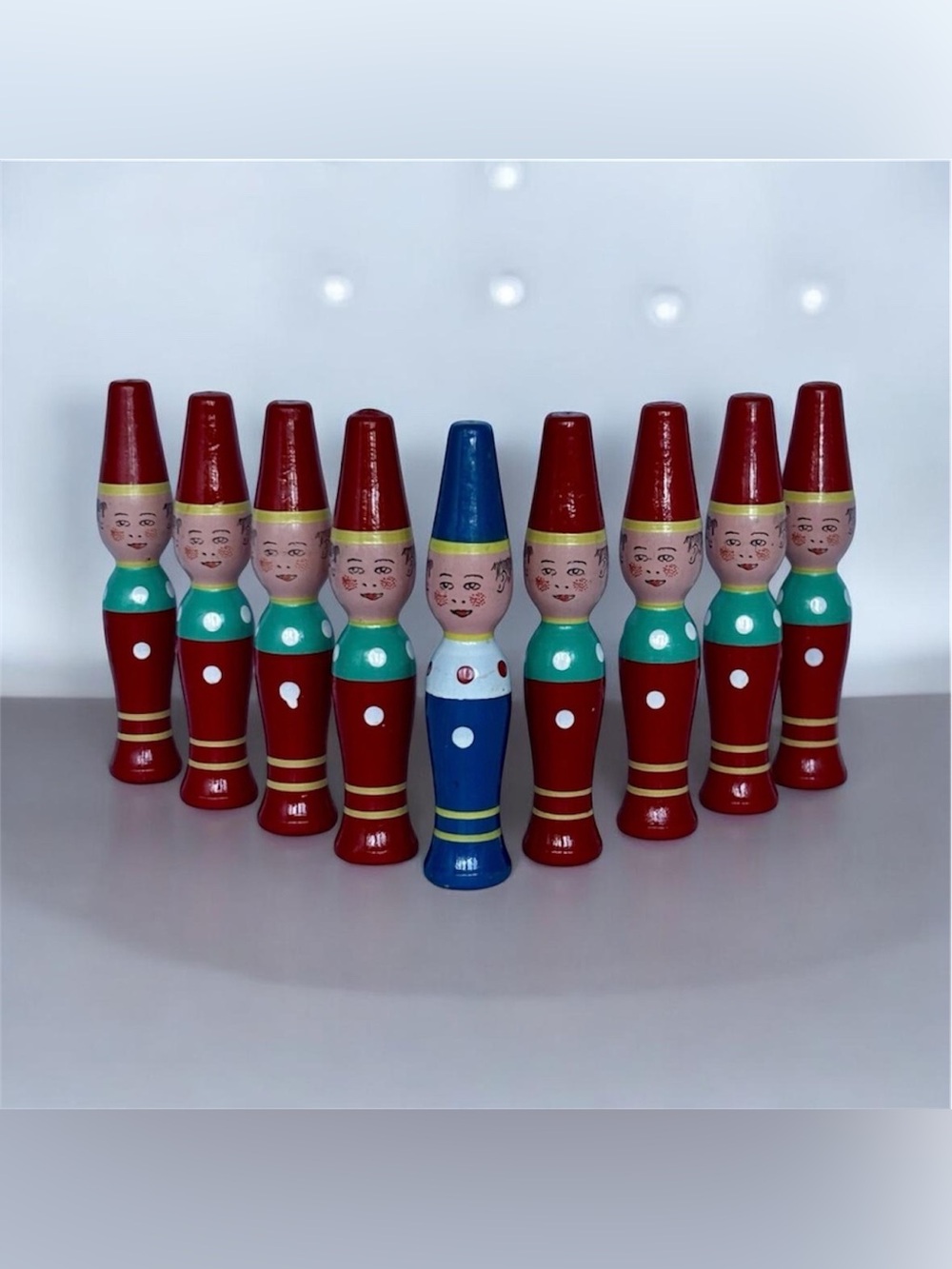 Vintage Child’s Wooden Bowling Skittles Game Pins, West Germany, 9 Pins No Balls